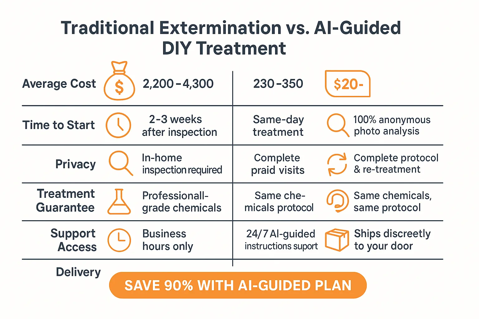 Side-by-side infographic comparing traditional extermination vs. AI-guided DIY bed bug treatment in cost, speed, privacy, and effectiveness.