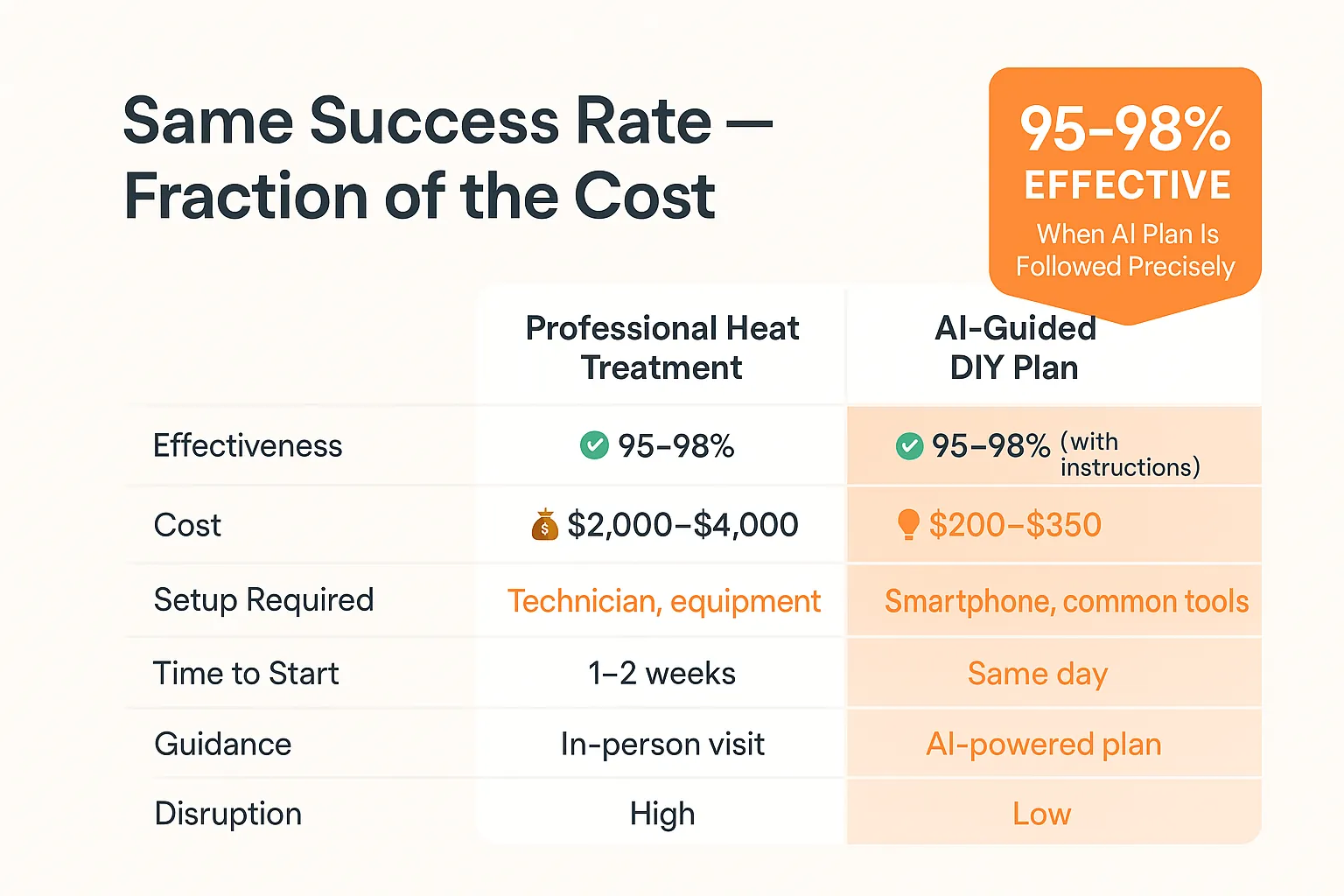 Comparison chart showing AI-guided bed bug treatment plan matching professional heat treatment in effectiveness, with lower cost and faster results.