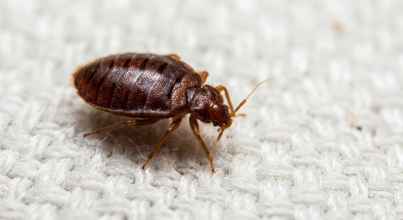 Close-up of reddish-brown adult bed bug on a light-colored mattress surface
