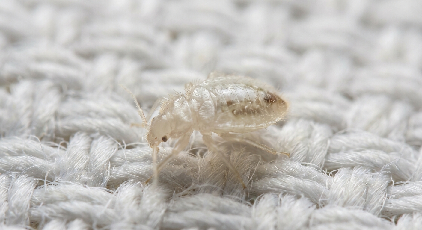 First-instar bed bug nymph showing nearly transparent pale white body on mattress fabric