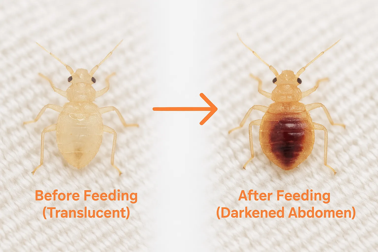 Side-by-side comparison of an unfed baby bed bug and the same nymph after feeding — showing how blood intake changes color from translucent to darker with a visible abdomen spot.