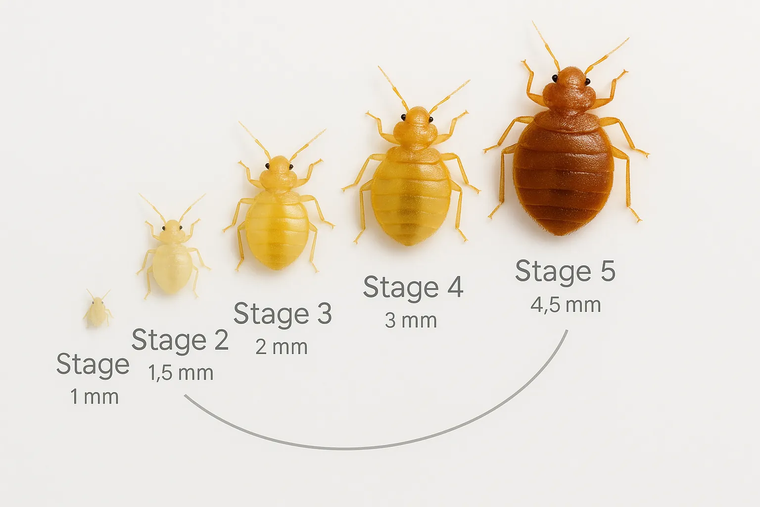 Visual guide showing baby bed bug growth from stage 1 nymph at 1mm to stage 5 nymph at 4.5mm in a gradual curved layout.