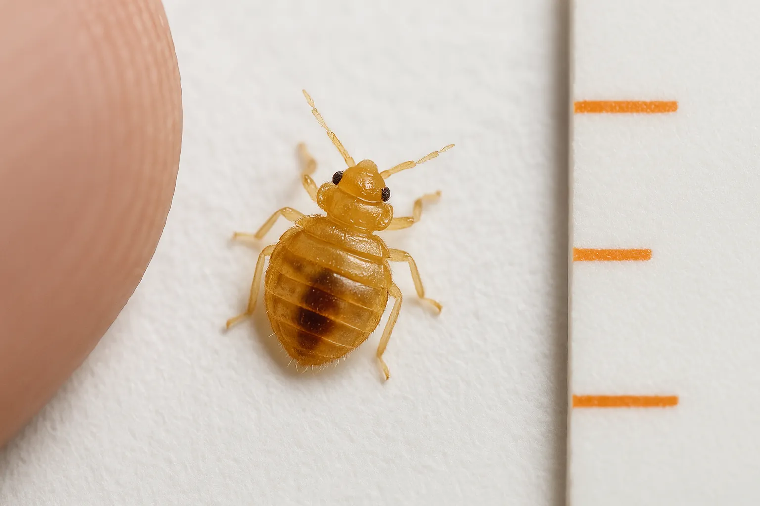 “Photorealistic image of baby bed bug nymph on a clean background, used for visual identification without text overlay.”