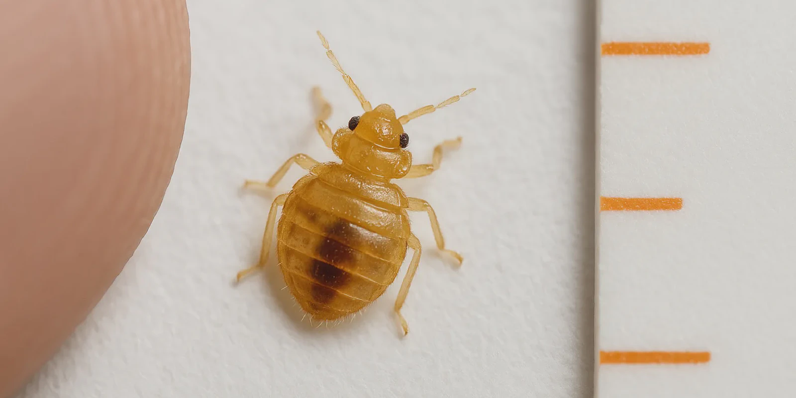 Photorealistic image of baby bed bug nymph on a clean background, used for visual identification without text overlay