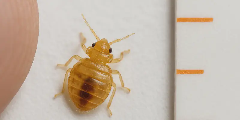 Photorealistic image of baby bed bug nymph on a clean background, used for visual identification without text overlay