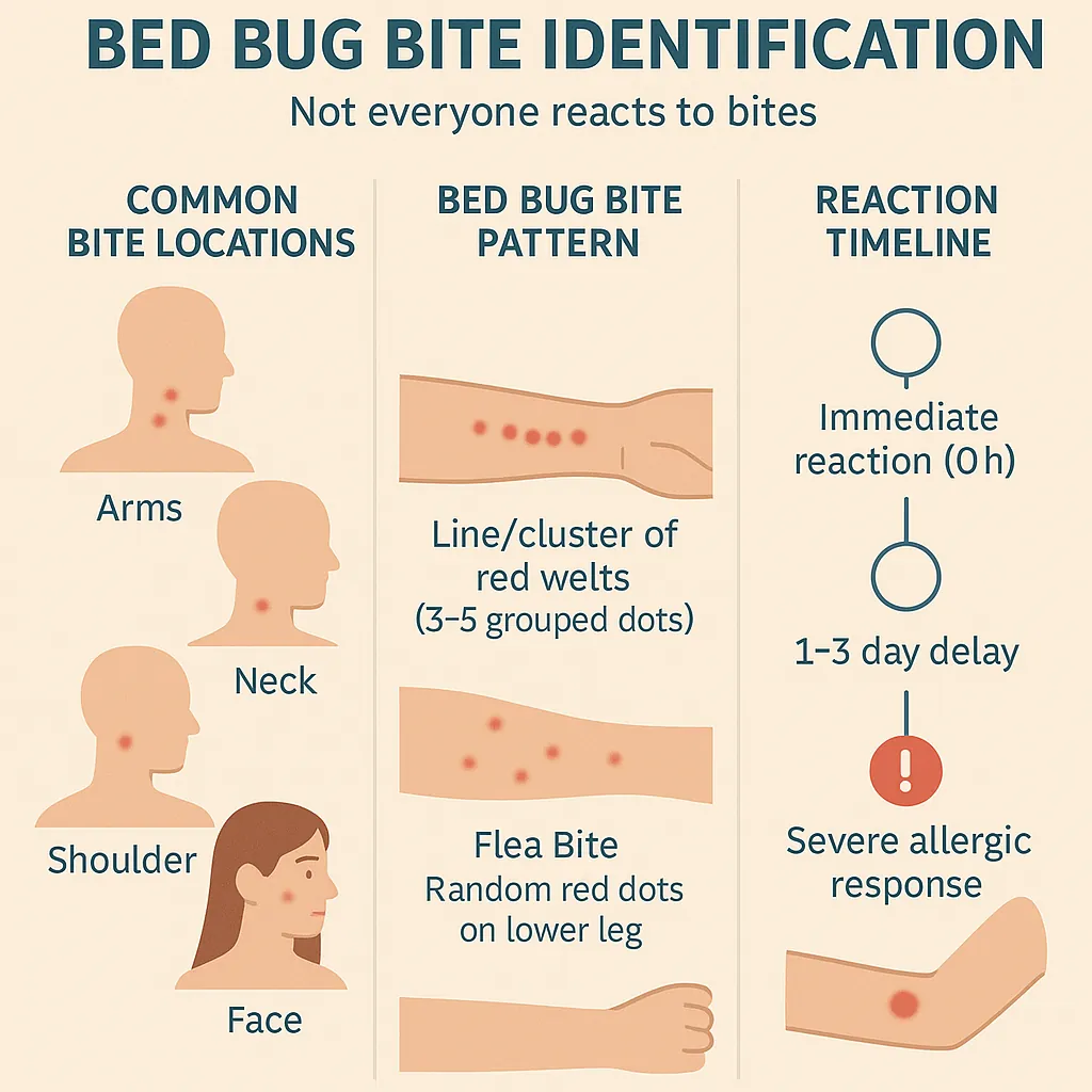 Vector-style infographic showing typical bed bug bite patterns on human skin, bite locations, comparison with flea and mosquito bites, and bite reaction timeline from immediate to delayed responses.