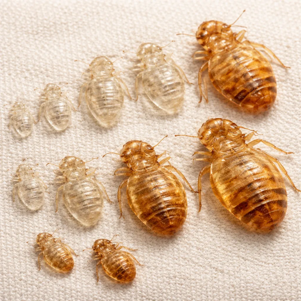 Individual bed bug casings from different nymph stages, ranging from small clear shells to larger amber-toned molted exoskeletons.