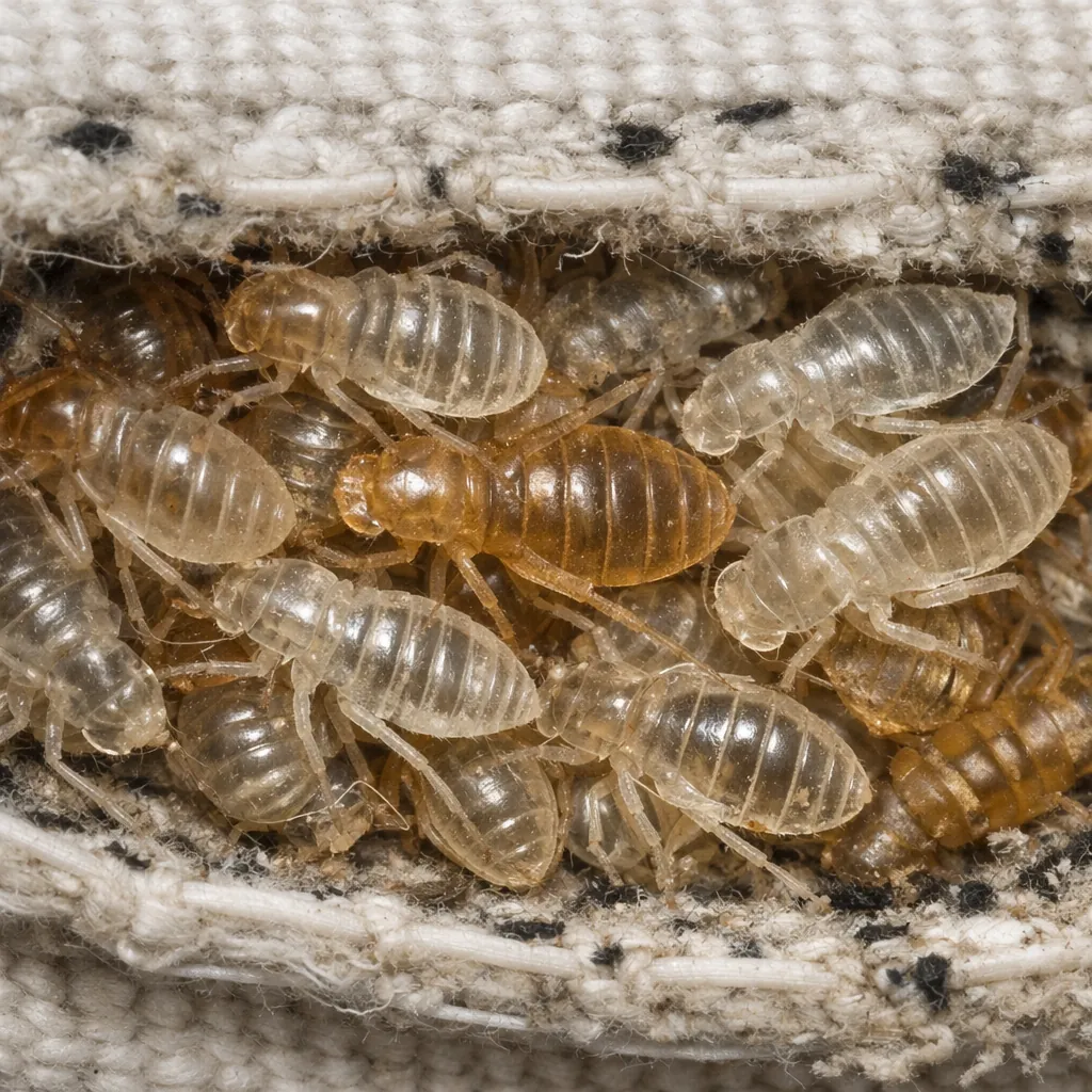 Cluster of translucent bed bug casings inside a mattress seam, showing hollow molted exoskeletons of different sizes left behind during growth stages
