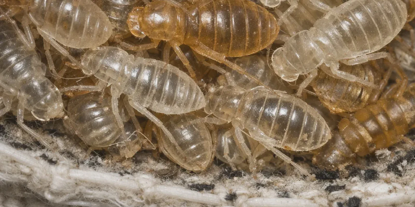 Cluster of translucent bed bug casings inside a mattress seam, showing hollow molted exoskeletons of different sizes left behind during growth stages