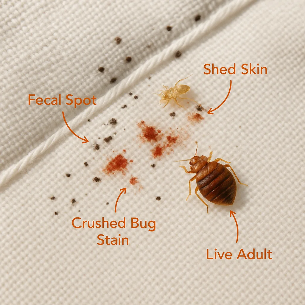 Cluster of bed bug eggs, translucent nymphs, and reddish-brown adults hiding in a mattress seam