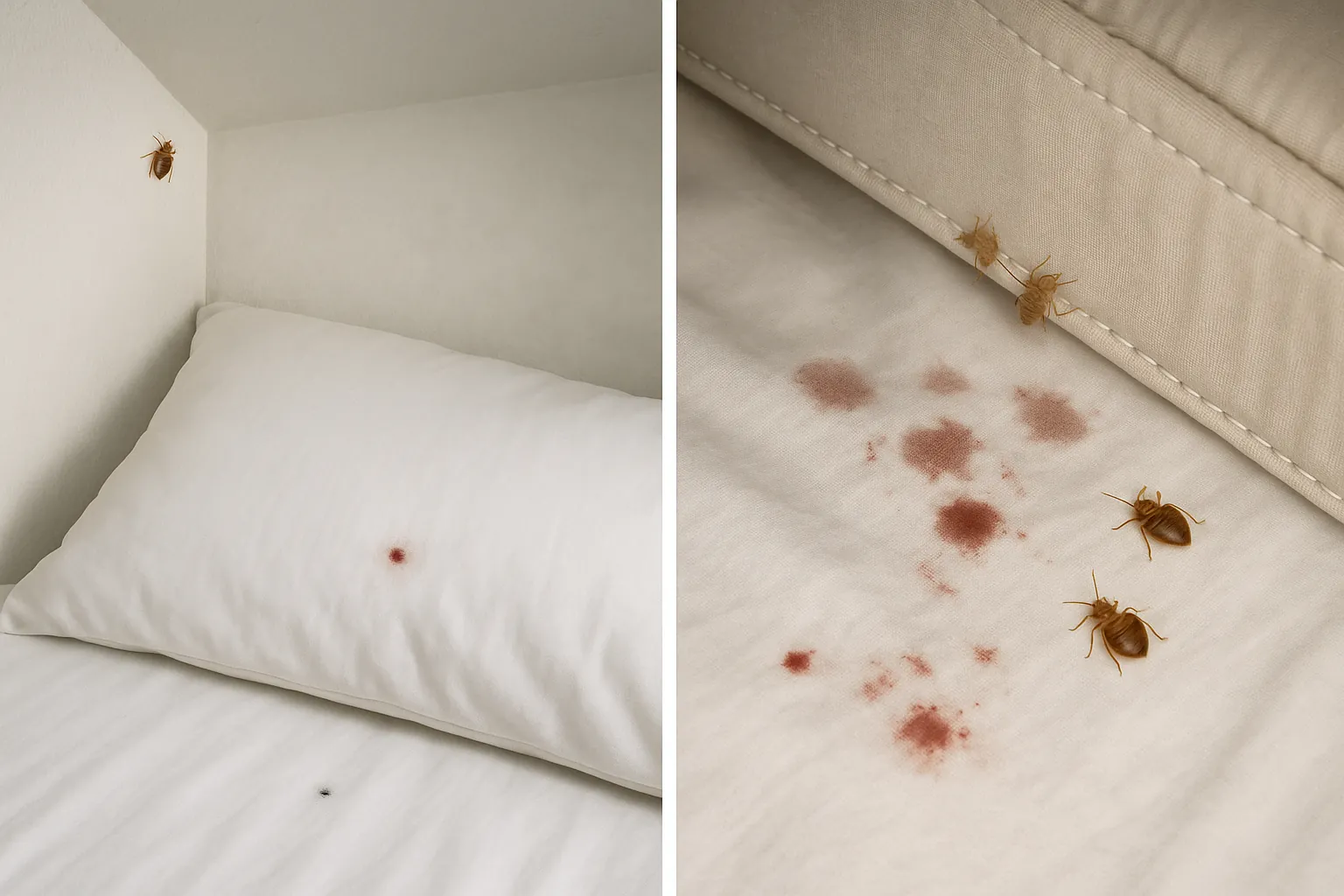 Side-by-side visual comparison of early bed bug warning signs during Week 1–2 and Week 3–4, including blood stains, shed skins, live bugs, and odor cues.