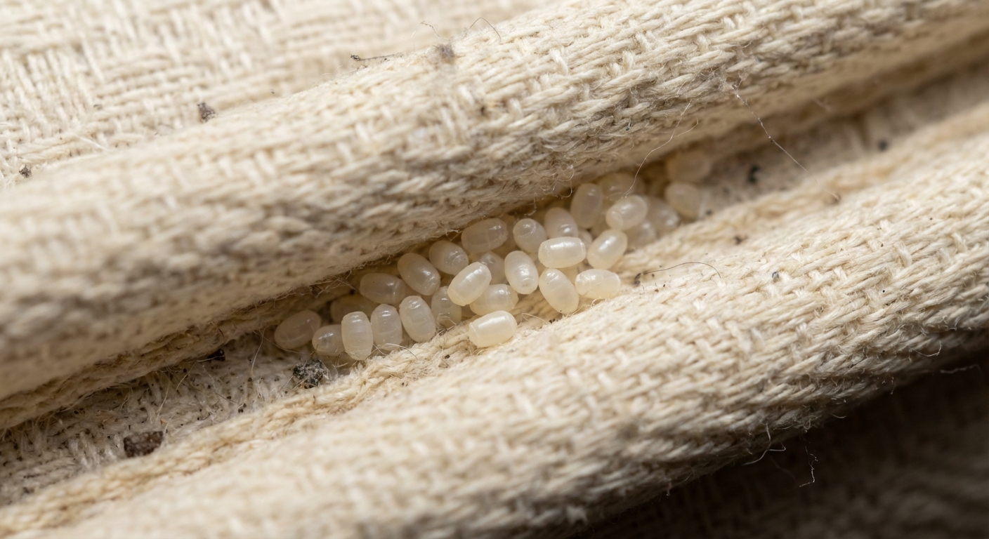 Close-up of pearly white bed bug eggs on a mattress seam