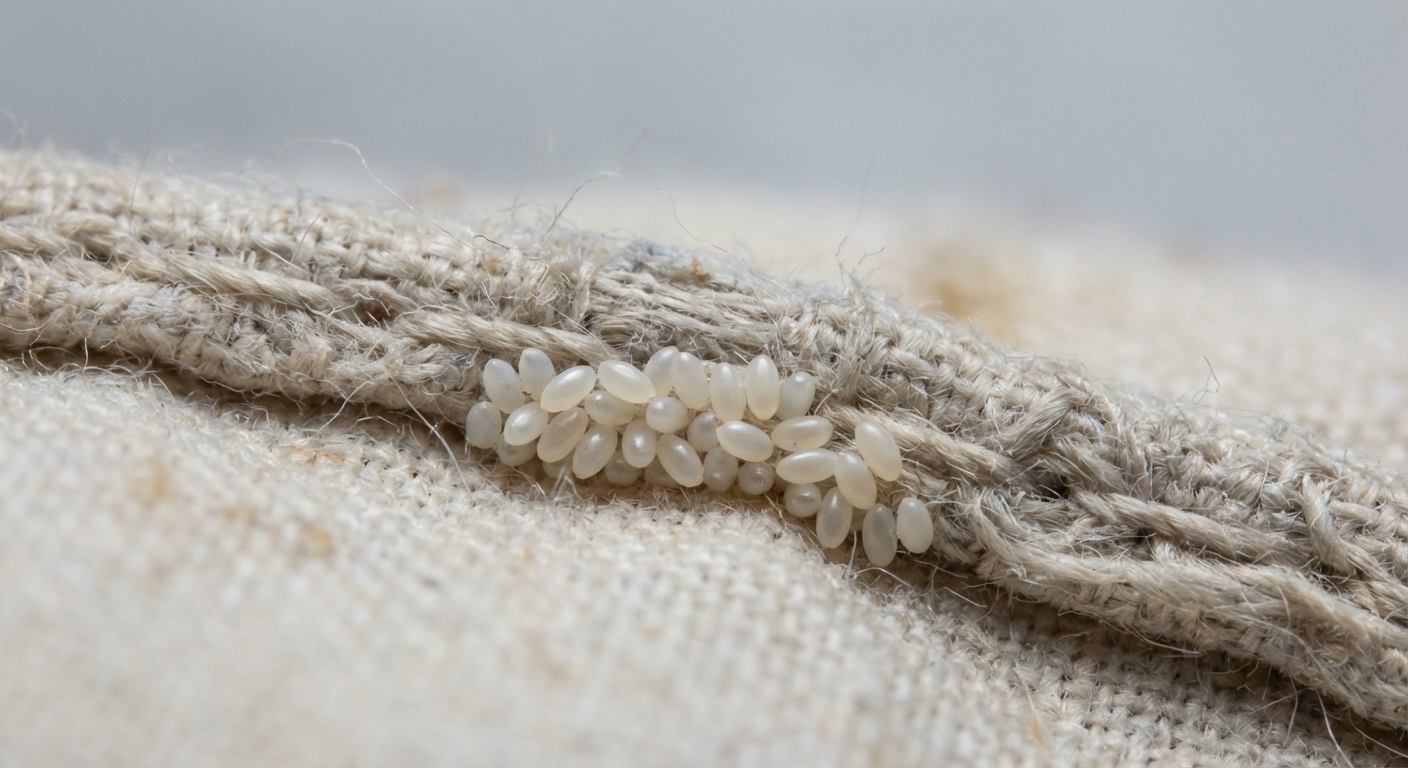Macro shot of pearly white bed bug eggs
