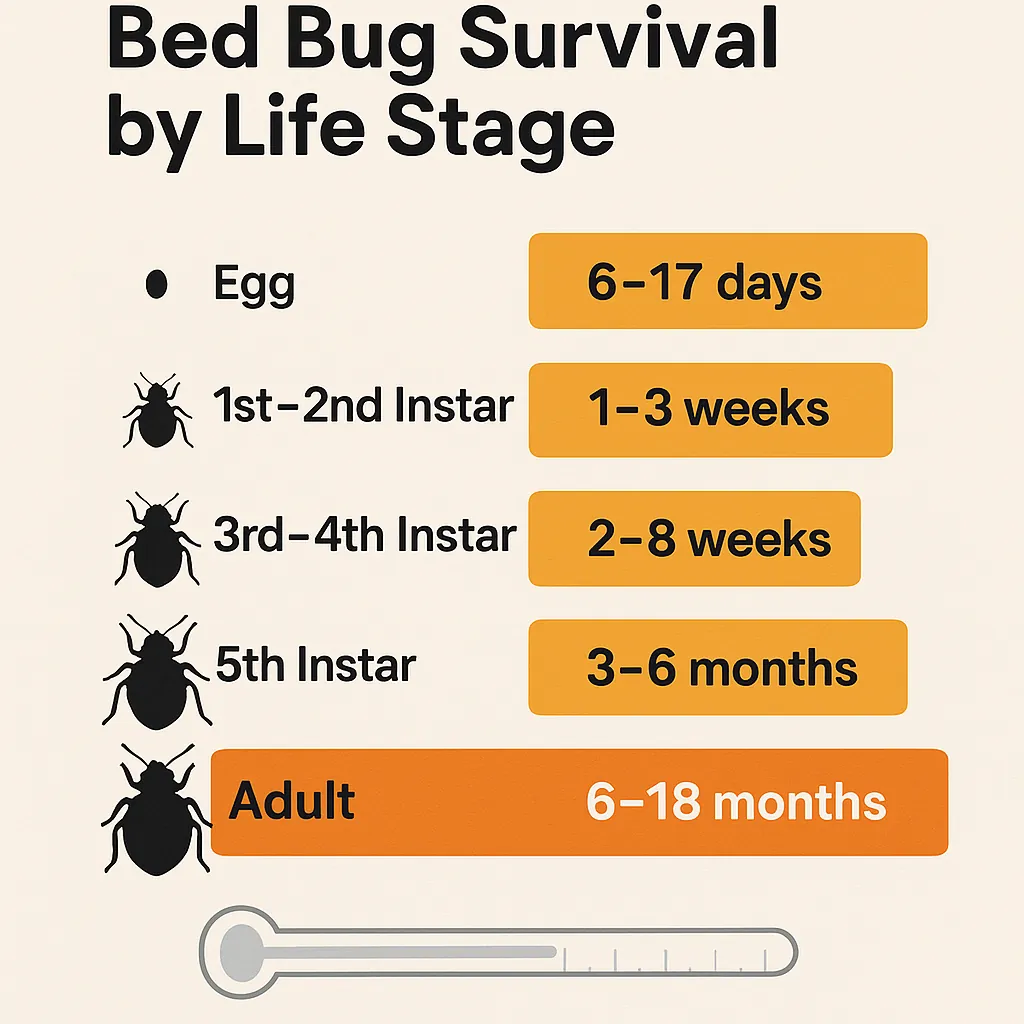 Infographic comparing bed bug survival times by life stage — from eggs and early nymphs to adults — under no-feeding conditions.