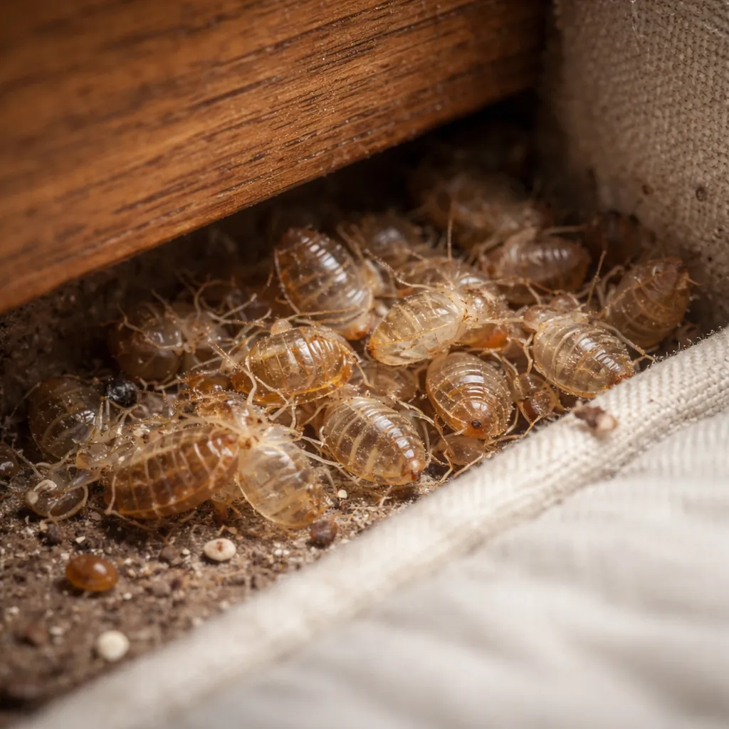 Bed bug shed skins collected behind a bed headboard joint, showing multiple hollow exoskeletons near a sleeping area.
