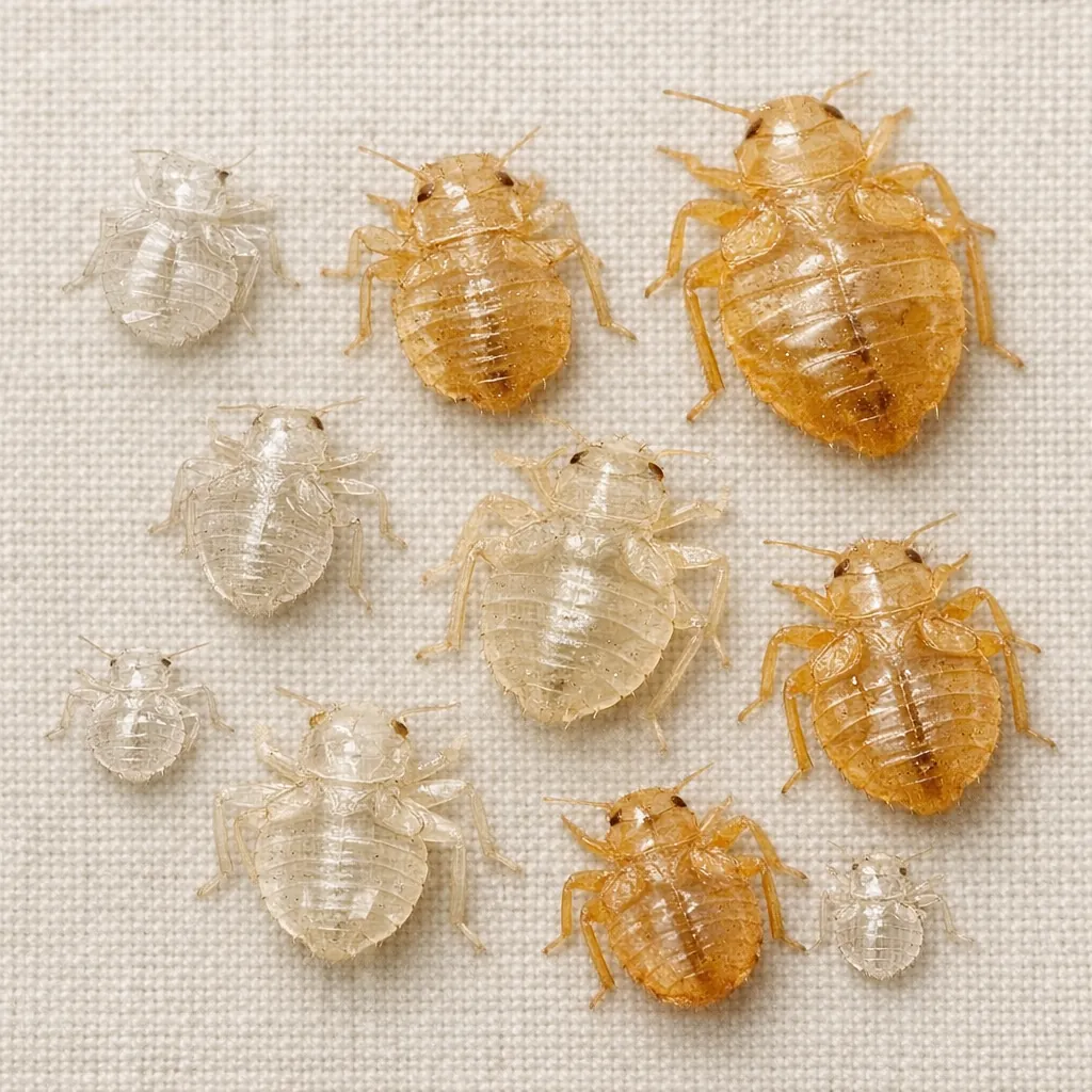Individual bed bug shed skins from different nymph stages, ranging from small clear molts to larger translucent exoskeletons.