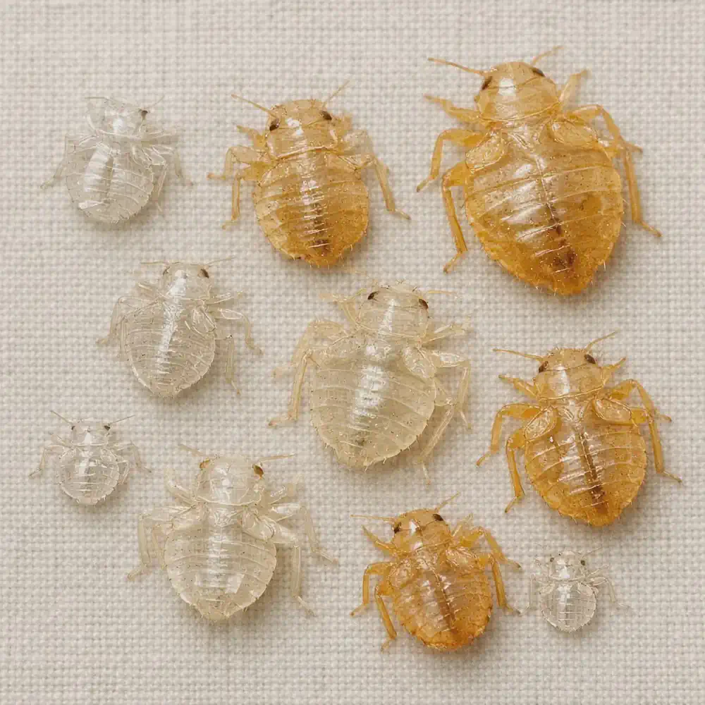 Individual bed bug shed skins from different nymph stages, ranging from small clear molts to larger translucent exoskeletons.