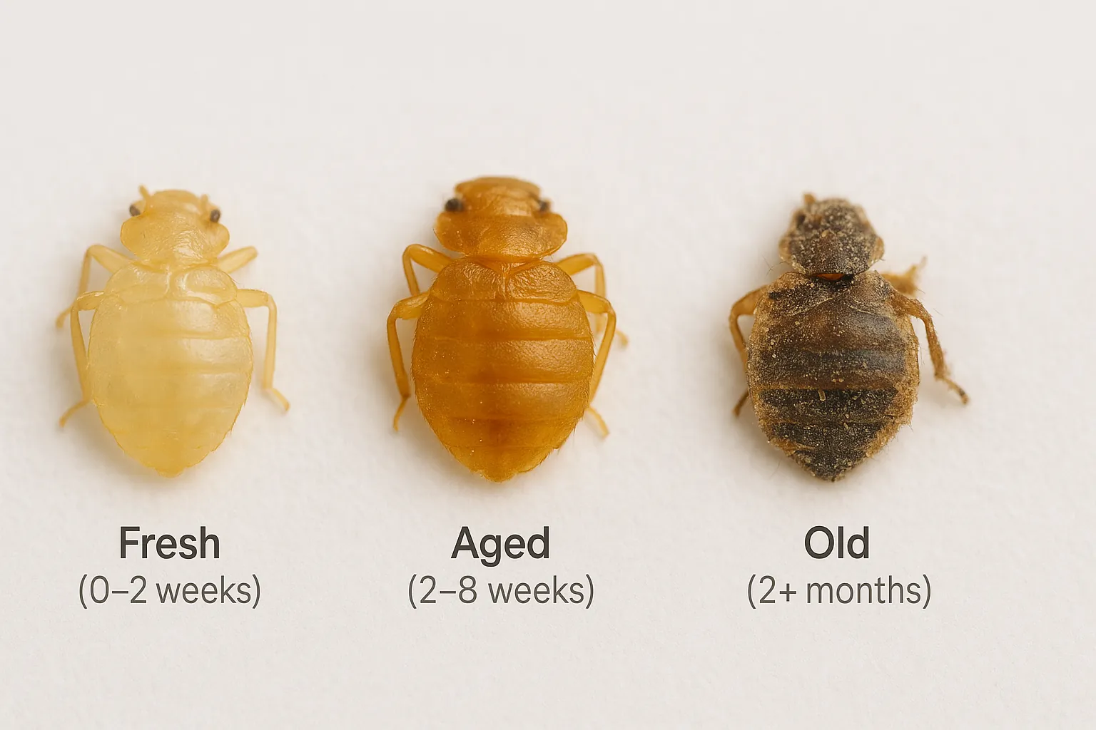 Comparison of bed bug shells at different ages: freshly molted, aged 2–8 weeks, and very old shells over 2 months old, showing realistic texture, color, and condition differences.