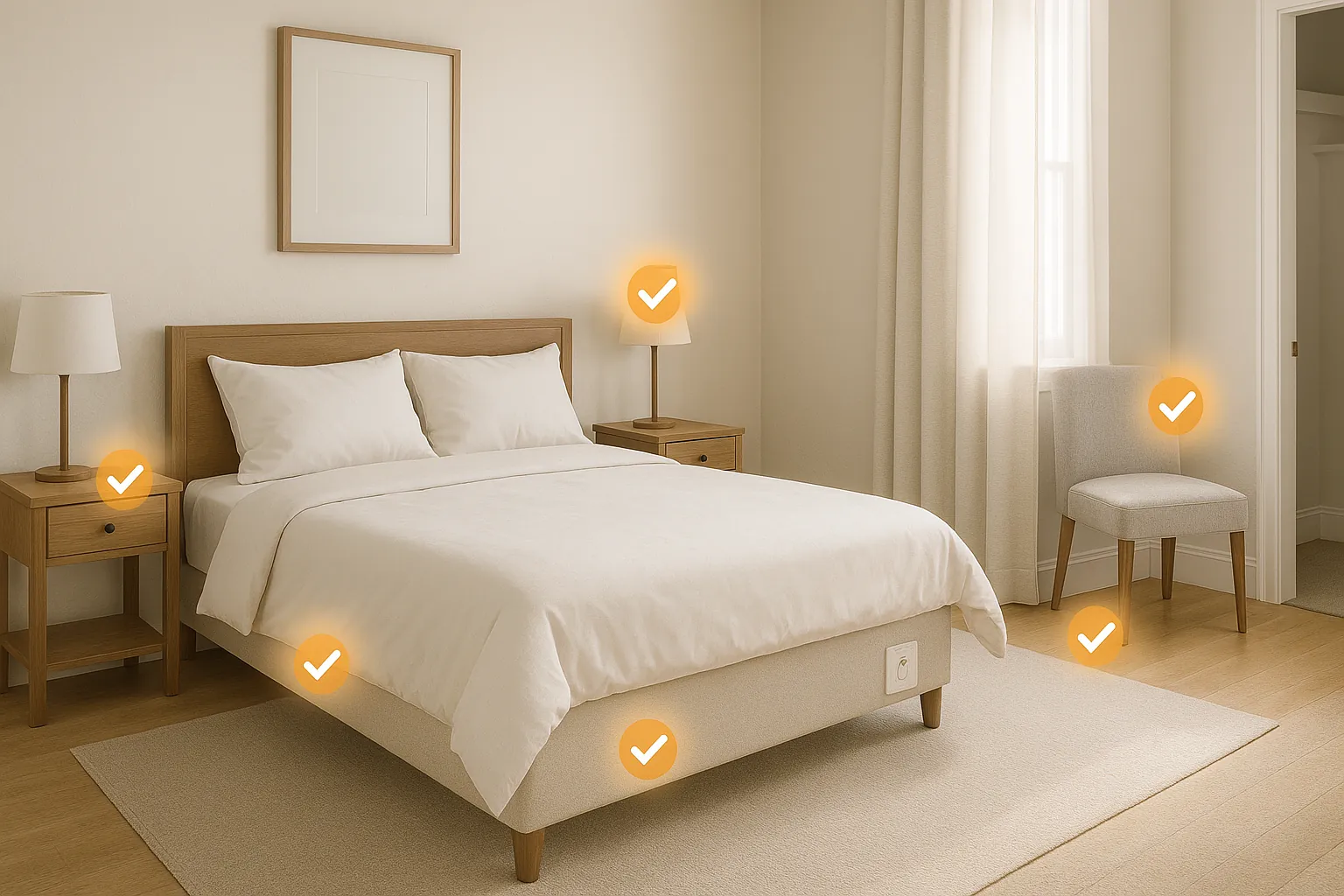 Visual guide showing the most common locations where bed bug shells are found, including mattress seams, bed frames, nightstands, baseboards, and upholstered furniture.