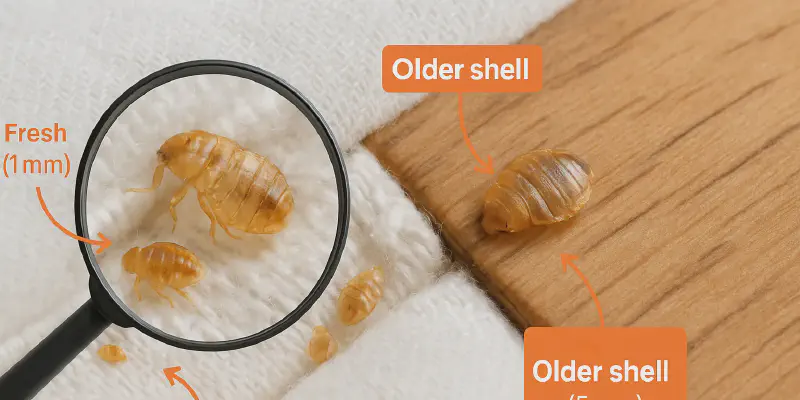 Close-up photo of bed bug shells showing translucent brown exoskeletons on white fabric