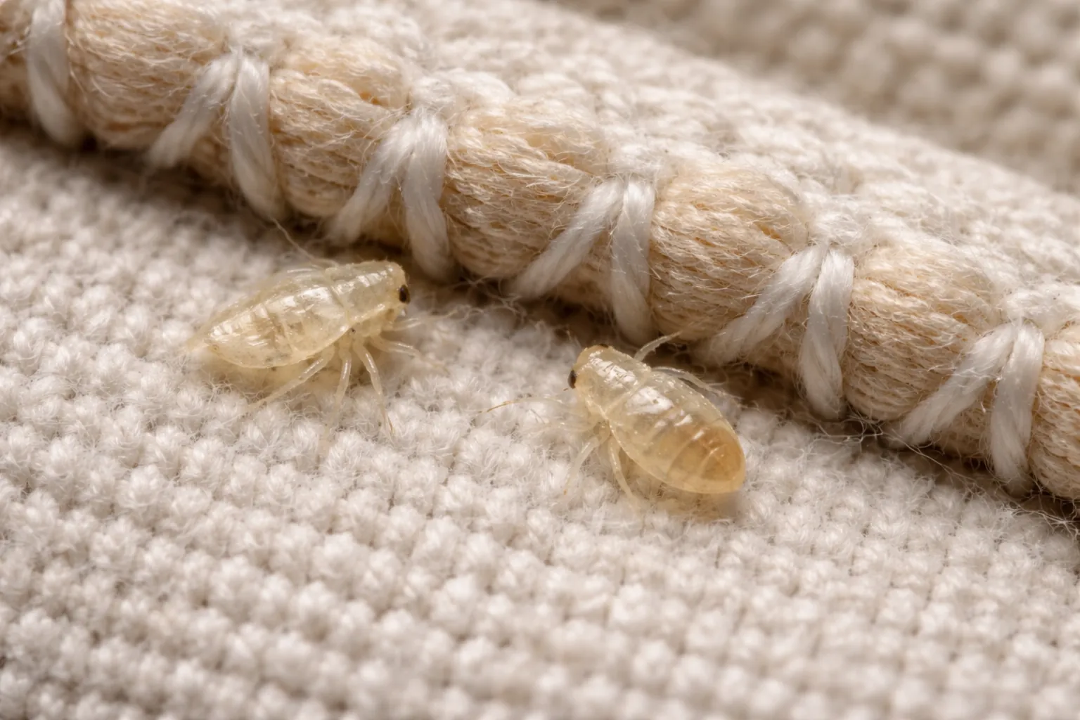 Tiny translucent bed bug nymph on a mattress seam near a shed skin