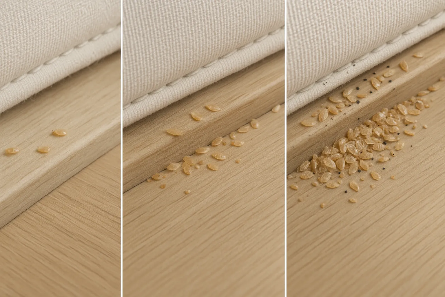 Side-by-side comparison of bed bug shell quantities showing light, moderate, and heavy infestations on bedroom surfaces.