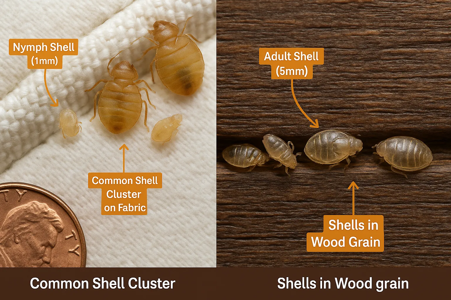 Showing bed bug shells on mattress fabric, upholstery, wooden surfaces, and wall joints — helping users identify infestation across household surfaces.