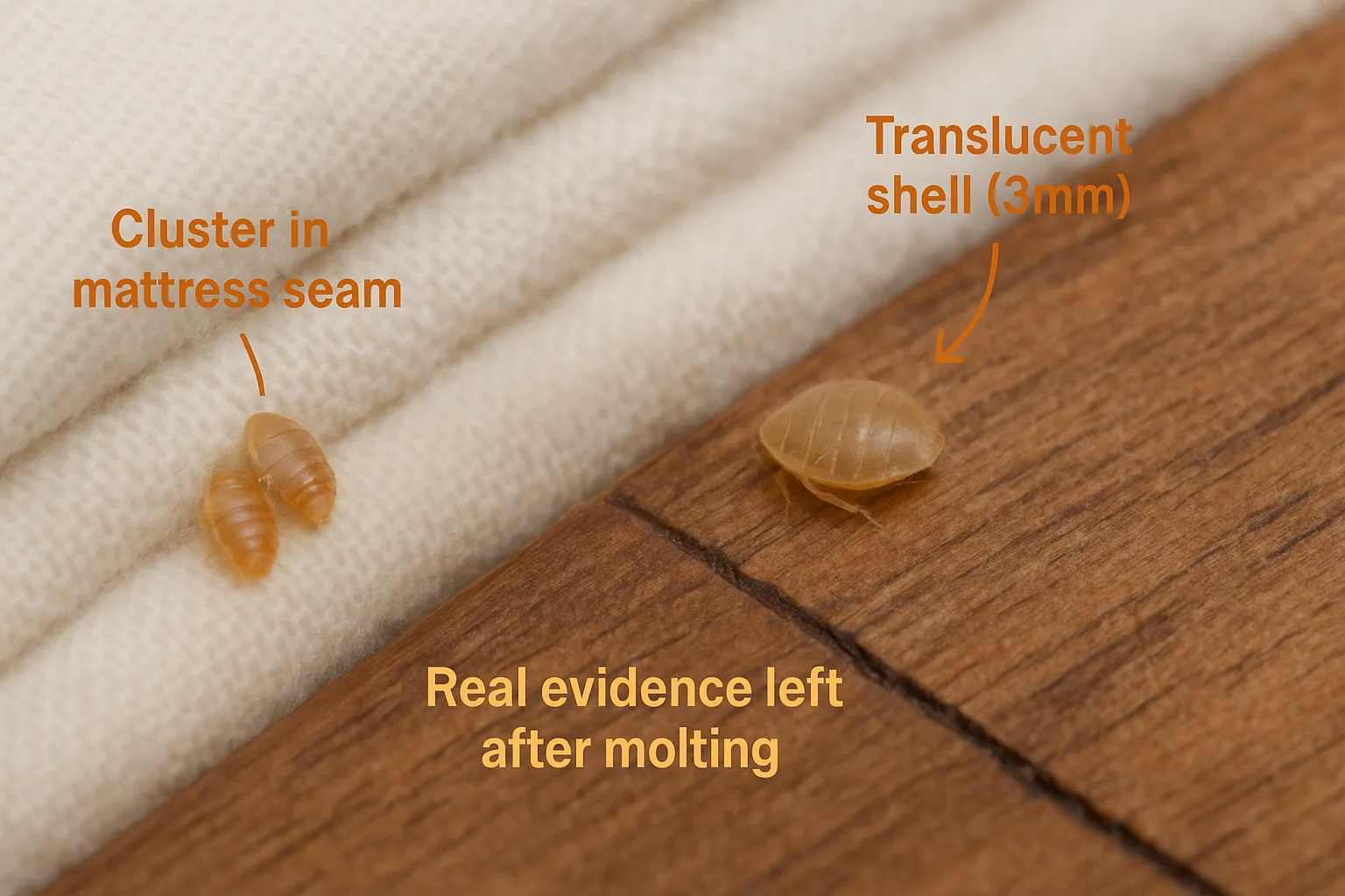 Macro photo of bed bug shells on mattress seam and wood surface, showing translucent, oval exoskeletons to help confirm early infestation evidence.