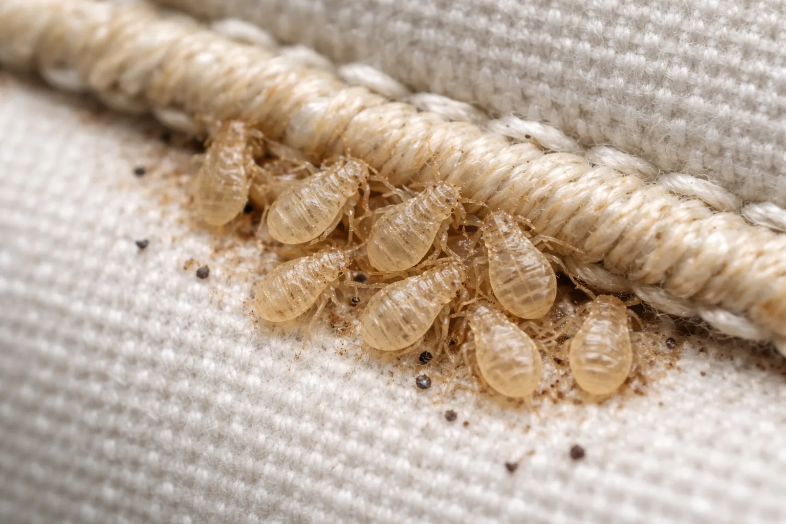 Cluster of translucent bed bug nymph shells near mattress corner stitching