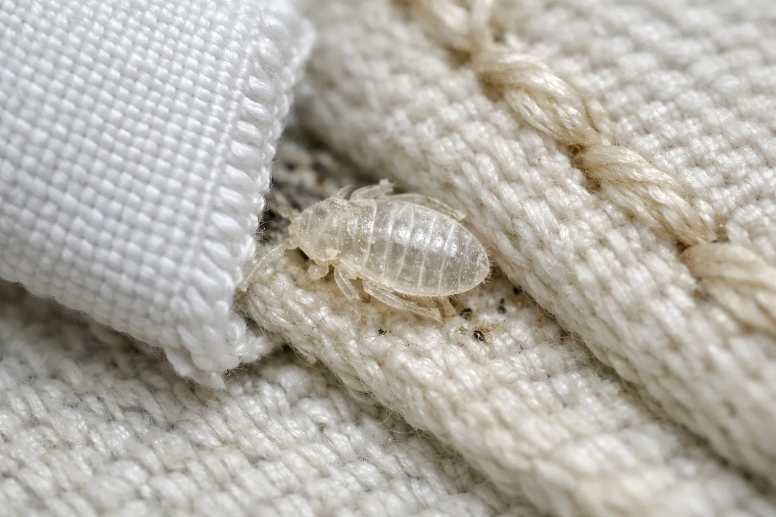Tiny translucent bed bug nymph shell tucked near a mattress fabric tag