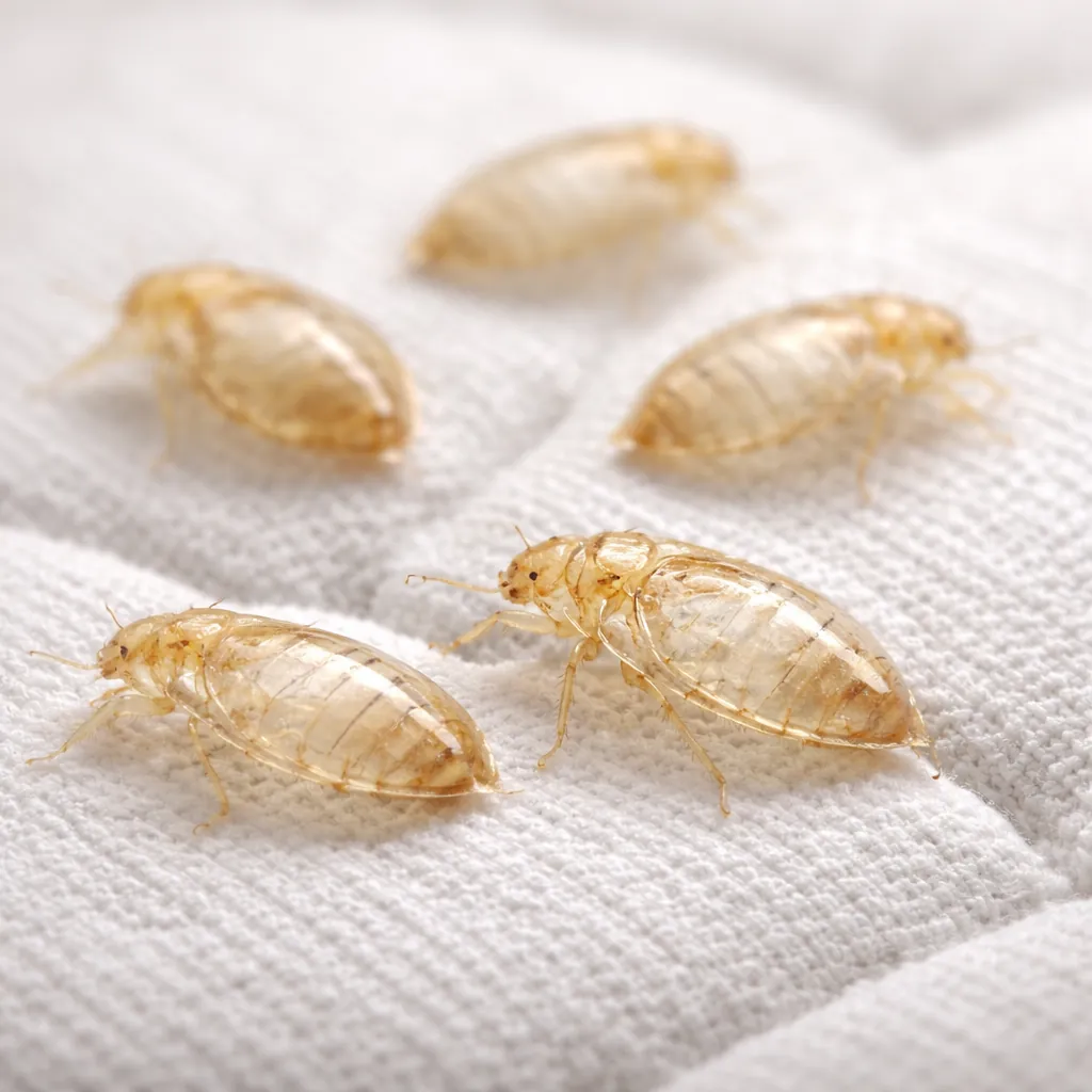 Translucent bed bug shells shed during growth stages found on white mattress fabric, showing hollow exoskeletons without internal matter