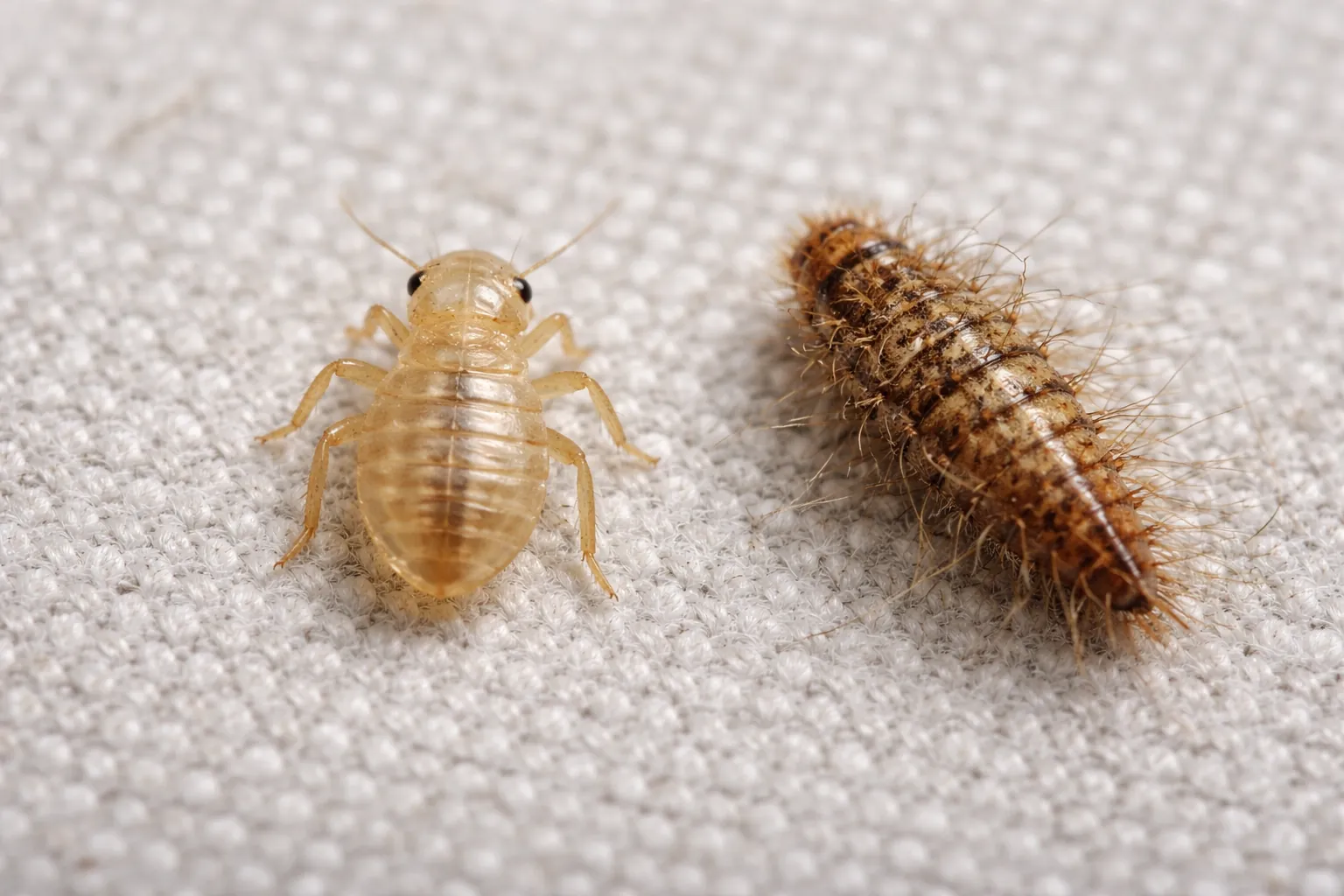 Bed bug nymph shell compared to fuzzy carpet beetle larval skin on fabric