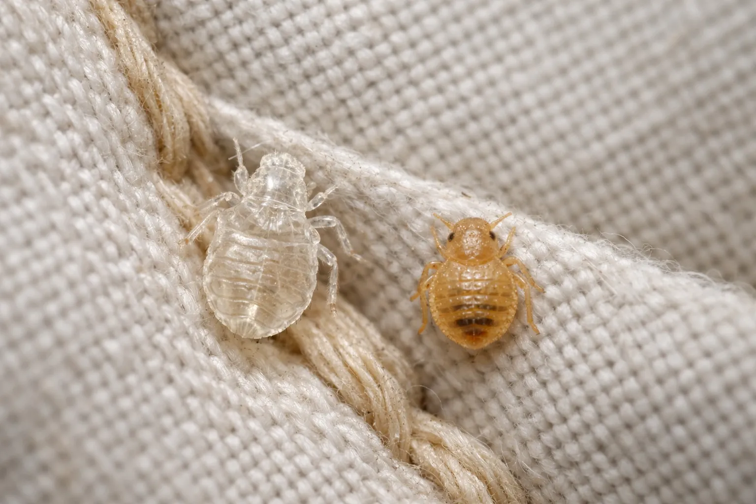 Tiny translucent bed bug nymph shed skin caught in a fabric crease