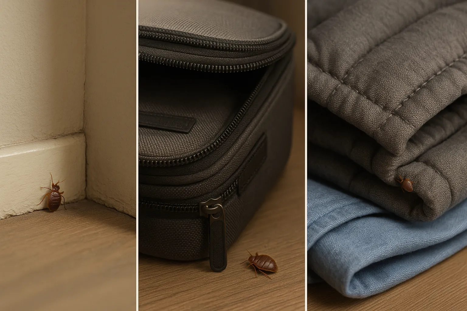 Realistic scenes showing bed bug survival hiding in vacant house wall crack, suitcase seam, and folded clothing drawer