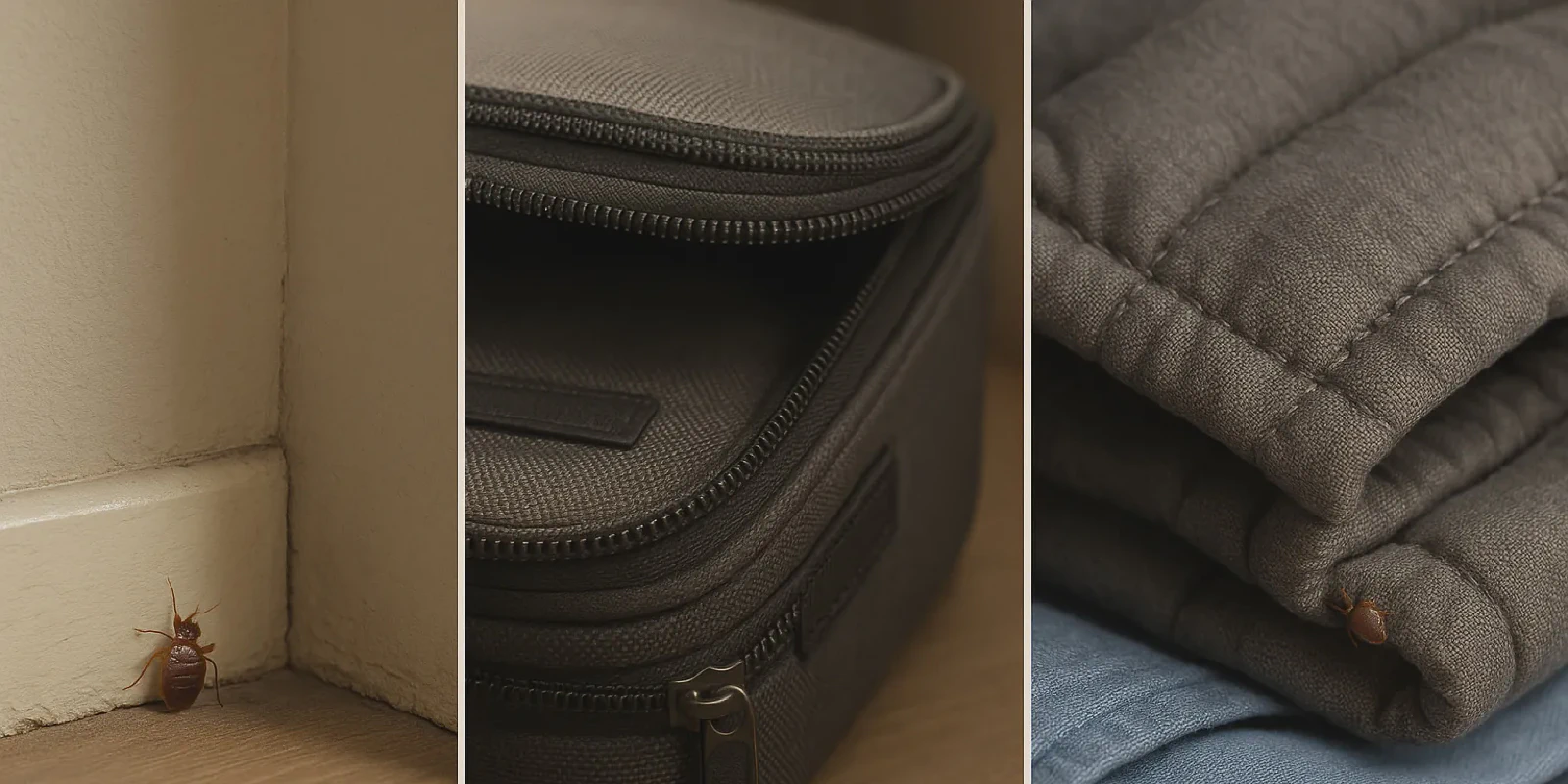 Realistic scenes showing bed bug survival hiding in vacant house wall crack, suitcase seam, and folded clothing drawer