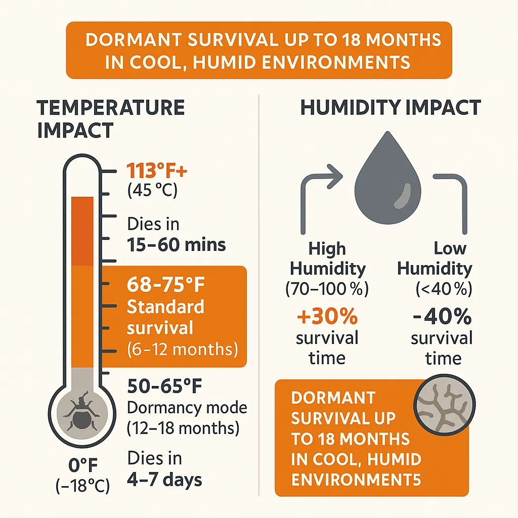 Infographic showing how temperature and humidity affect bed bug survival time — including dormancy range, lethal heat/cold thresholds, and seasonal indoor impact.
