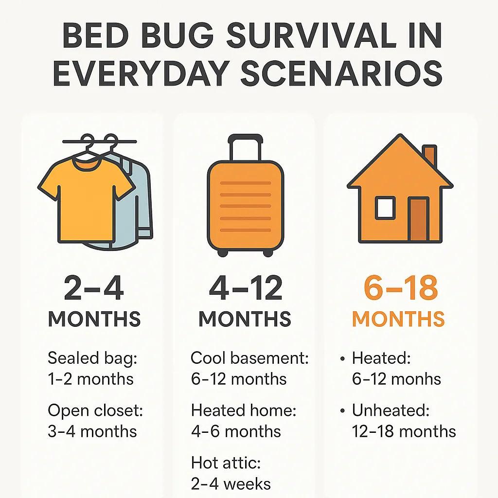 Infographic showing how long bed bugs survive in clothing, luggage, and empty homes under different storage and temperature conditions.