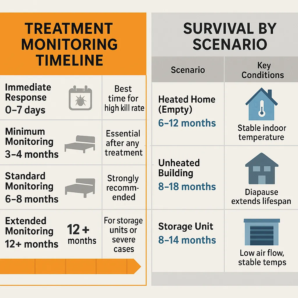 Split infographic showing bed bug treatment monitoring timeline (3–12 months) and survival duration by scenario: heated home, unheated building, and storage unit.