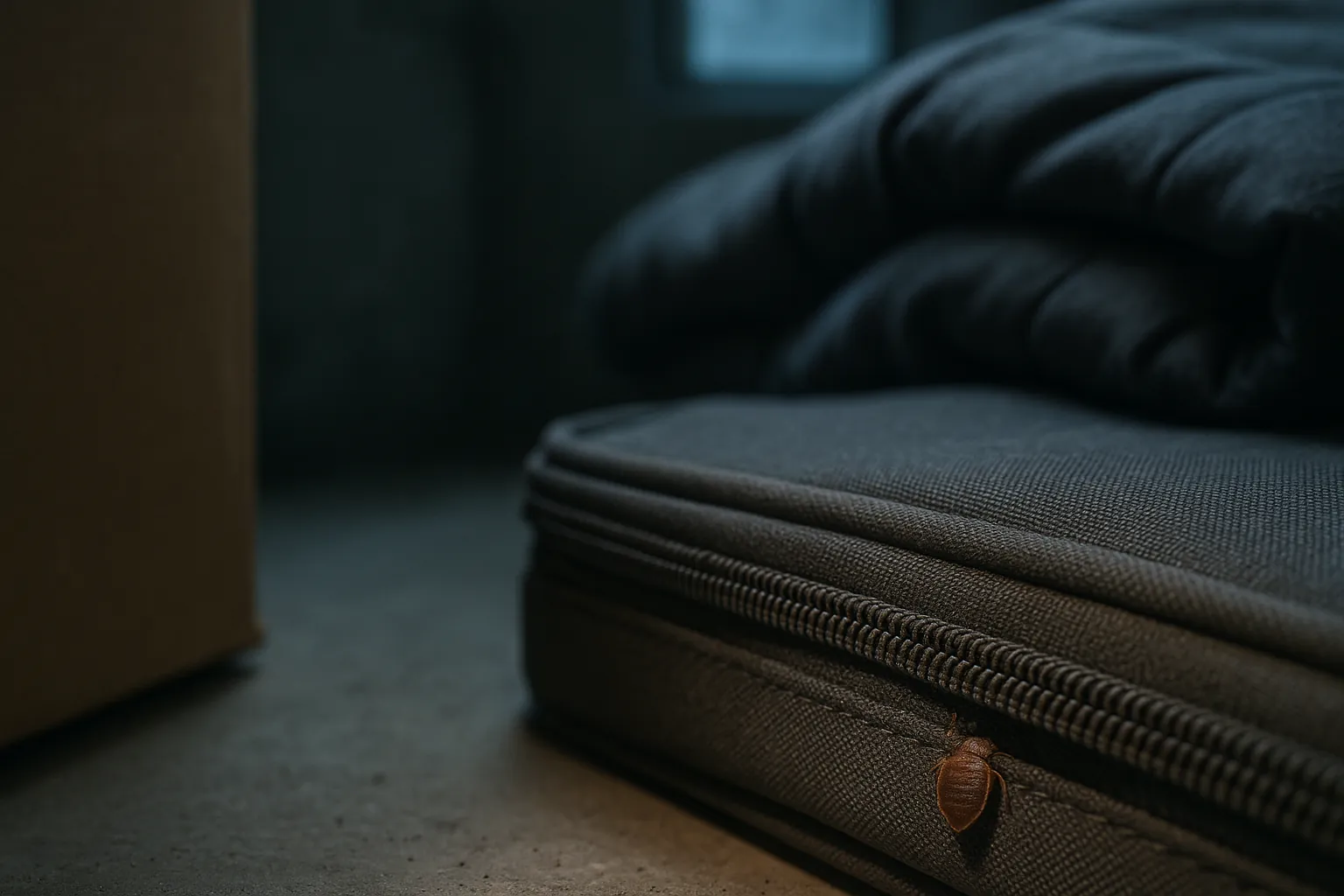 Realistic image showing bed bug emerging from stored suitcase in dusty storage room, illustrating long-term survival risk