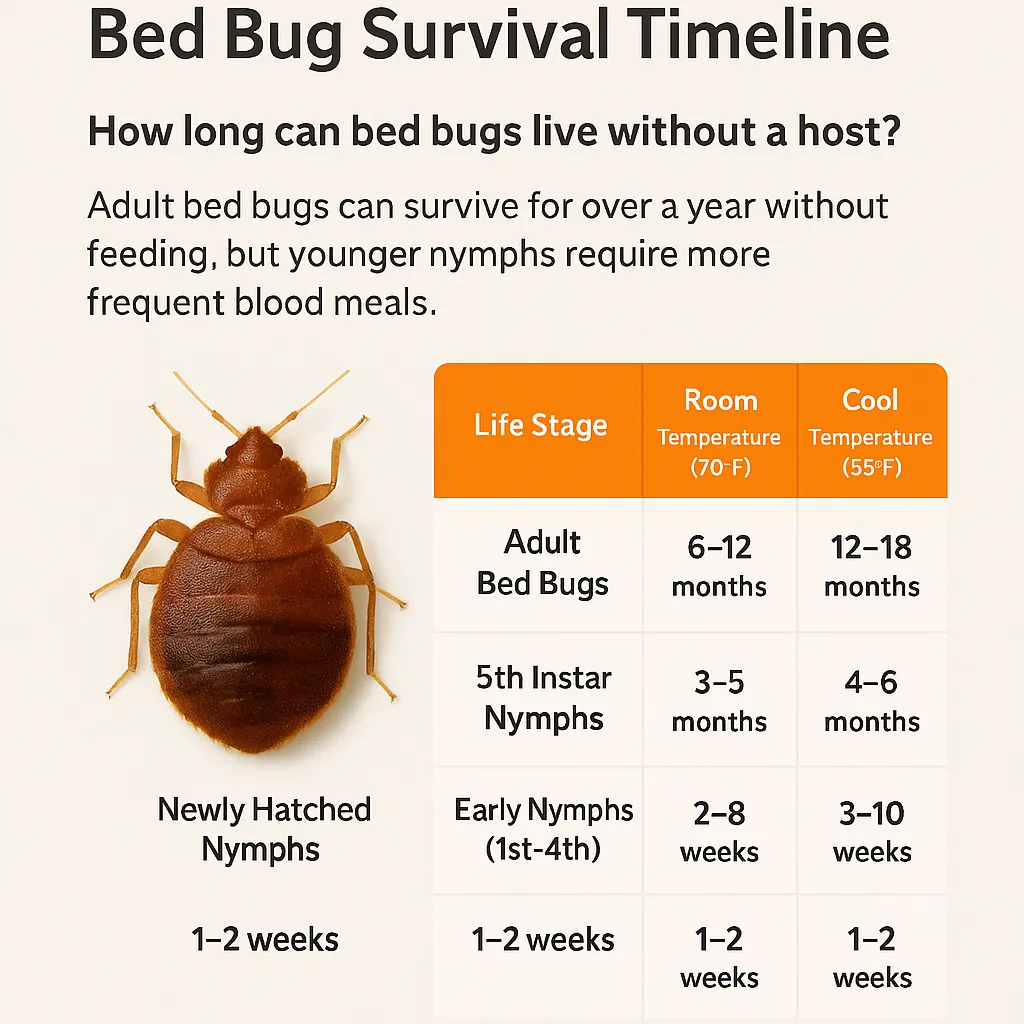 Infographic showing how long bed bugs survive without feeding by life stage — adults, 5th instar, early nymphs — at room temperature and in cooler conditions.