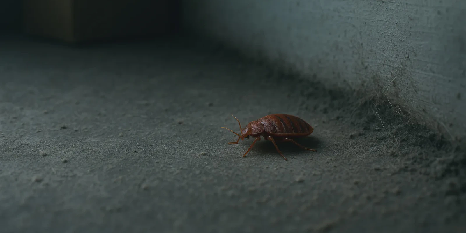 Realistic image of a bed bug alone in a dusty, unused room corner showing long-term survival without a host
