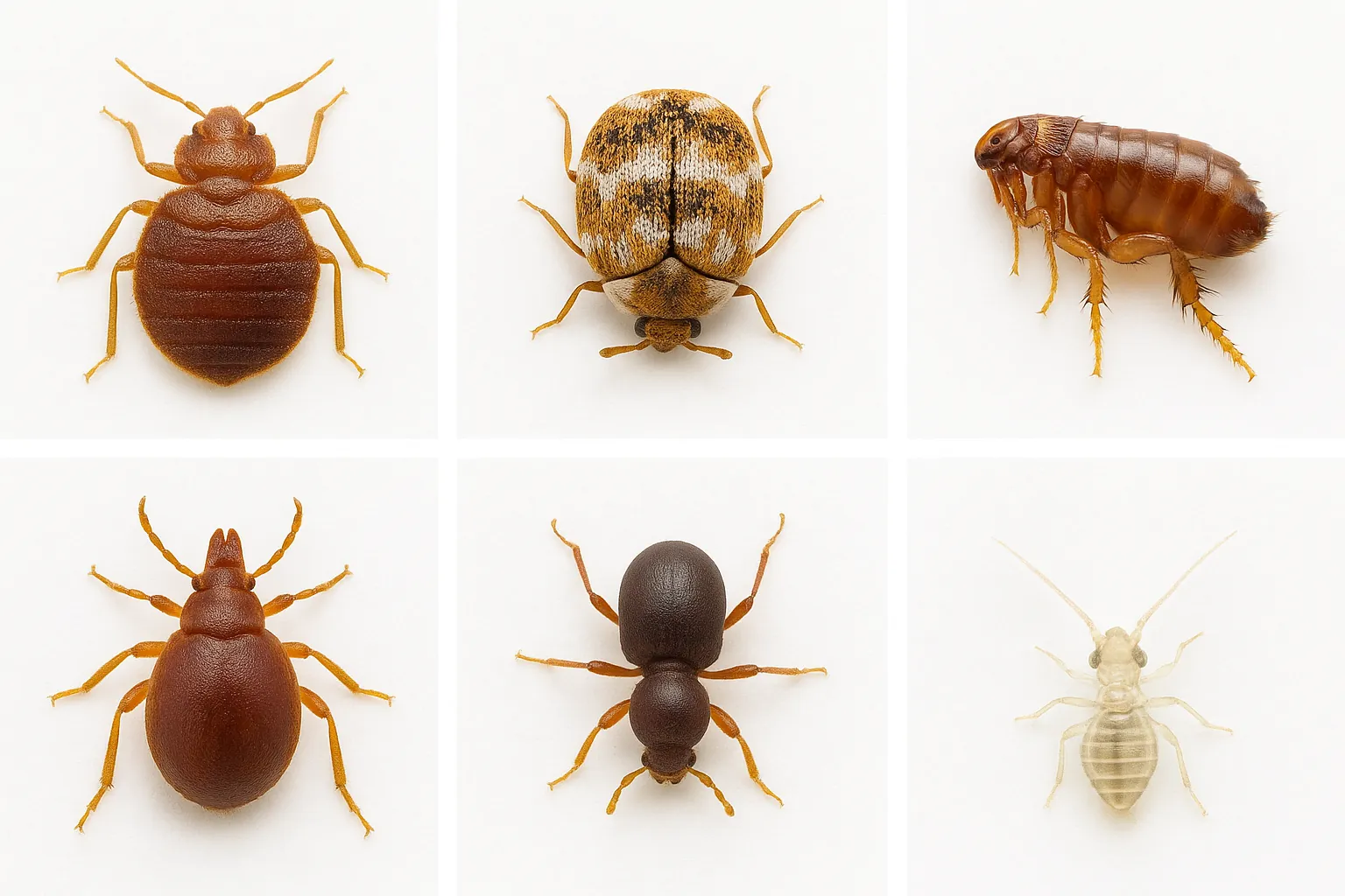 Macro comparison of six insects often mistaken for bed bugs: bed bug, carpet beetle, flea, tick, spider beetle, and booklice—shown with equal lighting and scale on a white background.