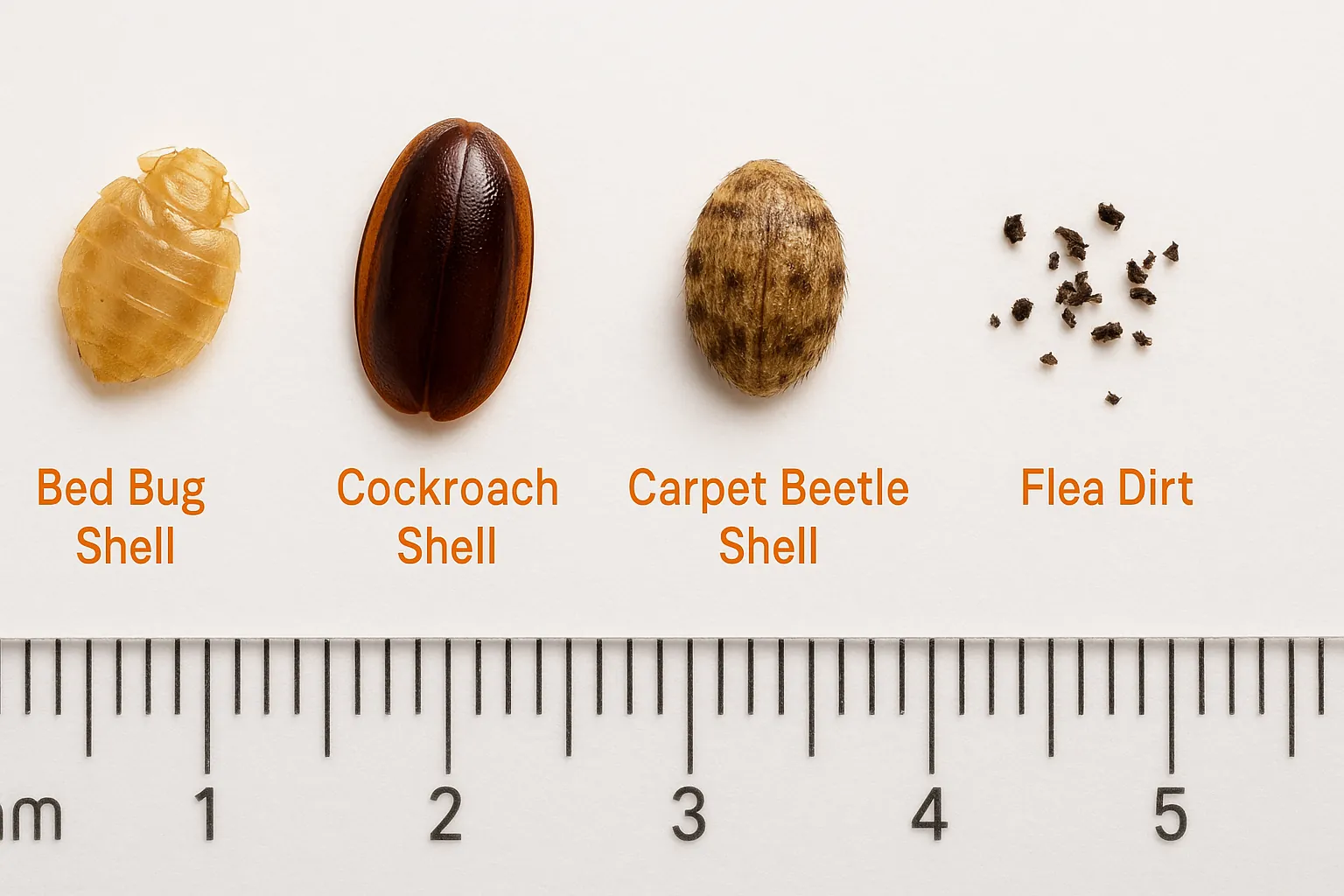 Side-by-side comparison of bed bug shells, cockroach shells, carpet beetle debris, and flea dirt, showing differences in size, shape, texture, and color for visual pest identification.