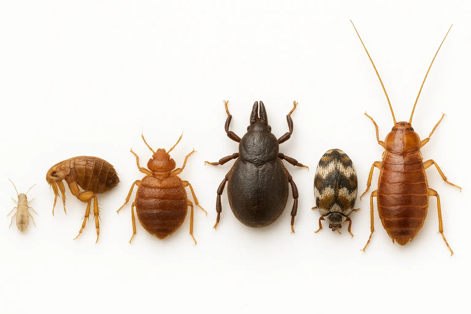 A realistic comparison of a bed bug&rsquo;s size placed among eight common household insects, including spider mites, fleas, ticks, carpet beetles, and cockroach nymphs, arranged from smallest to largest.