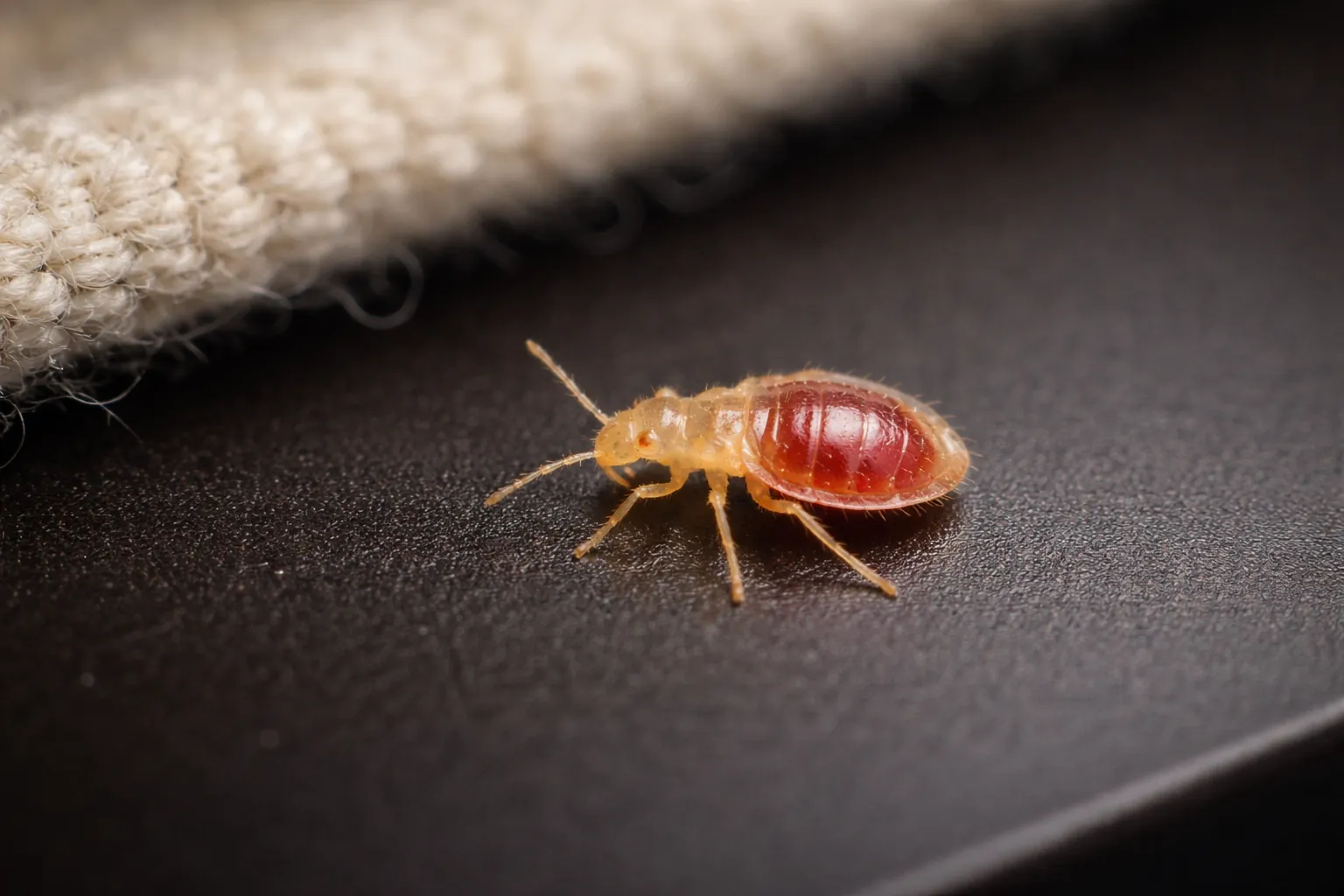 Recently fed baby bed bug nymph with a faint reddish abdomen on a dark surface