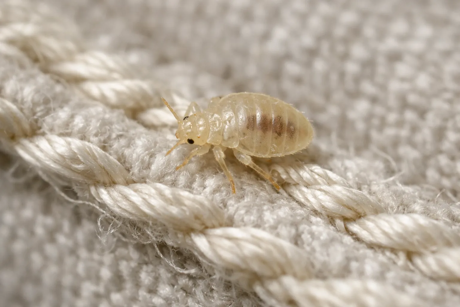 Translucent baby bed bug nymph paused on mattress seam