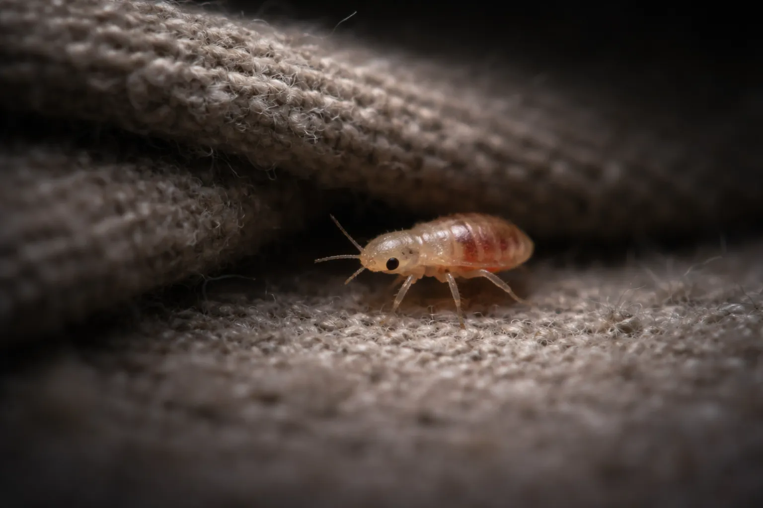 Tiny bed bug nymph moving near fabric fold under low light