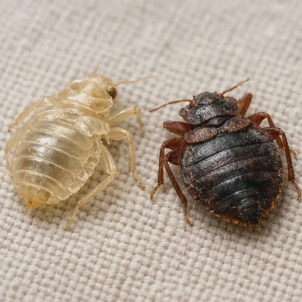 Empty bed bug shell next to a dead bed bug on bedding, illustrating the visual difference between hollow shed skin and solid insect body.