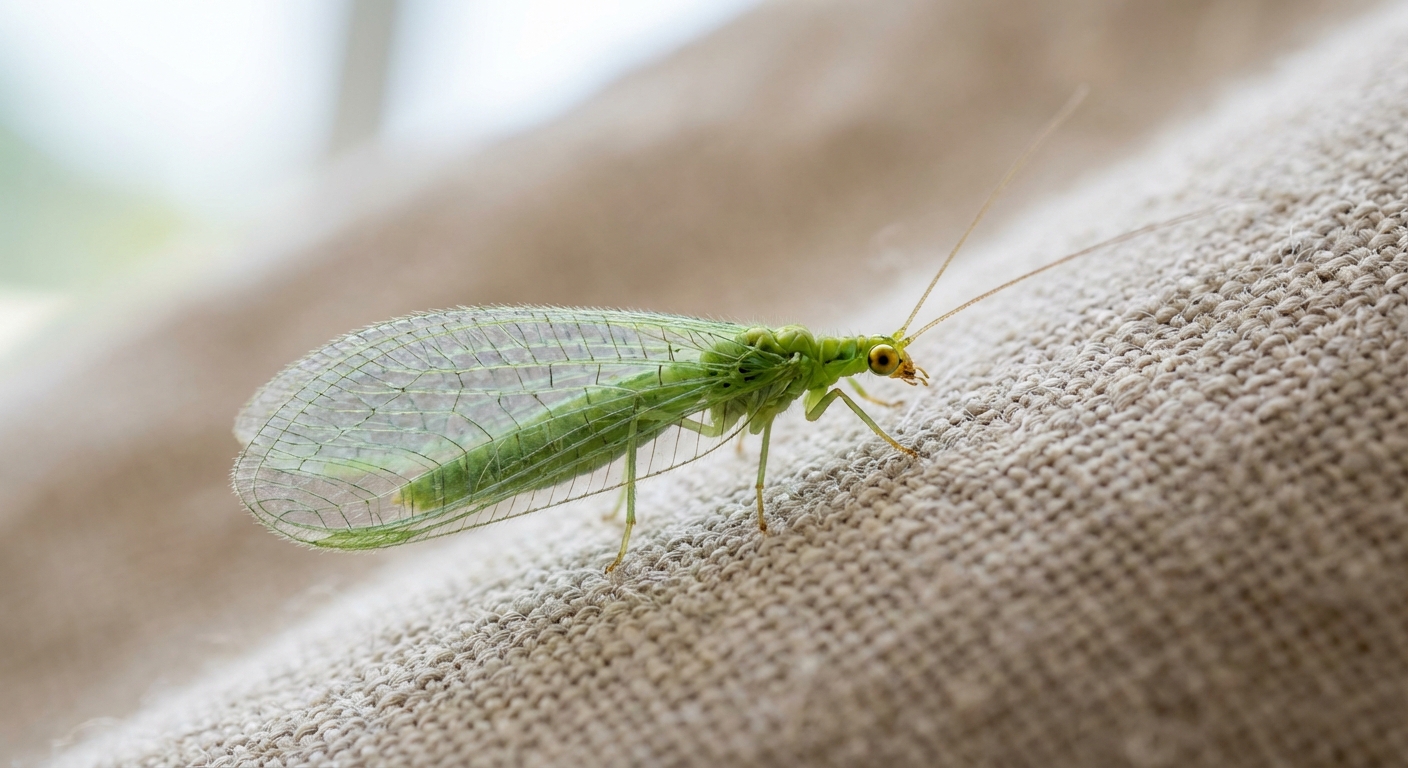 A long green lacewing insect on a bedroom curtain