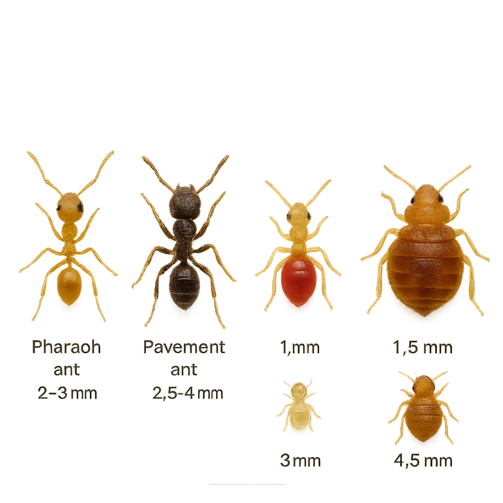Macro lineup comparing hotel ant species with bed bug nymph stages and mm scale